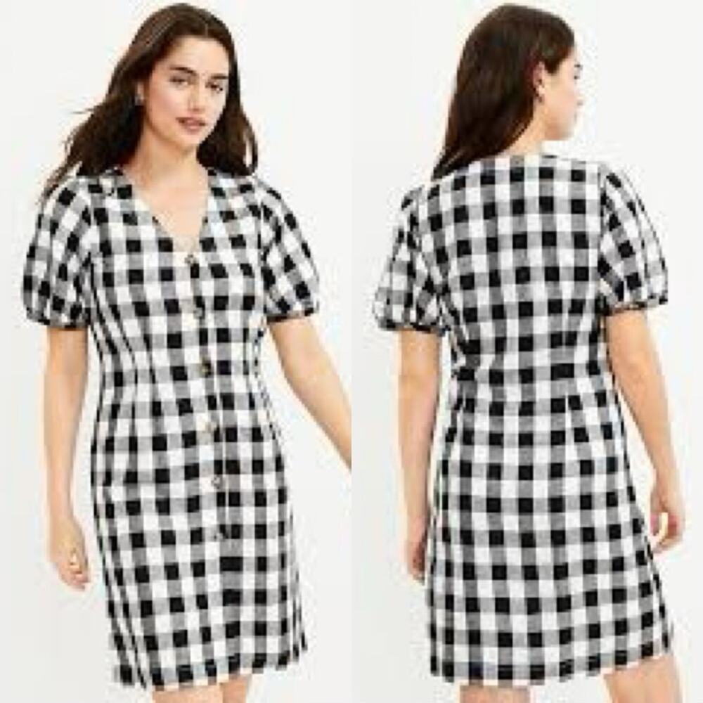 NEW Ann Taylor Loft Gingham Button V-Neck Linen Dress 6P NWOT